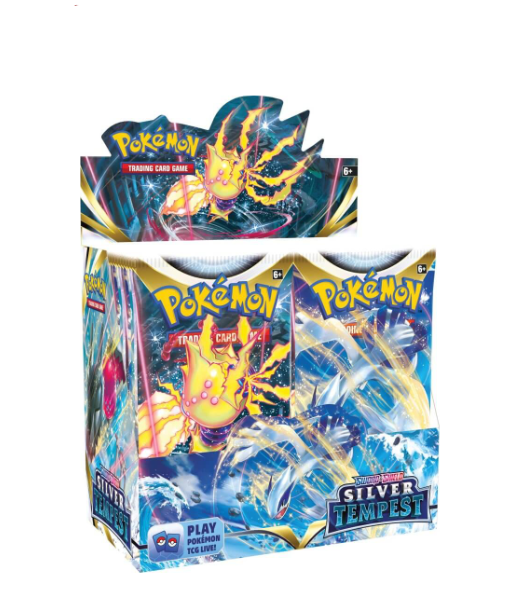 A booster box of Pokémon TCG: Silver Tempest with vibrant card artwork featuring Pokémon in dynamic poses.