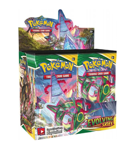 A booster box of Pokémon TCG: Evolving Skies with colorful artwork featuring various Pokémon on the packaging.